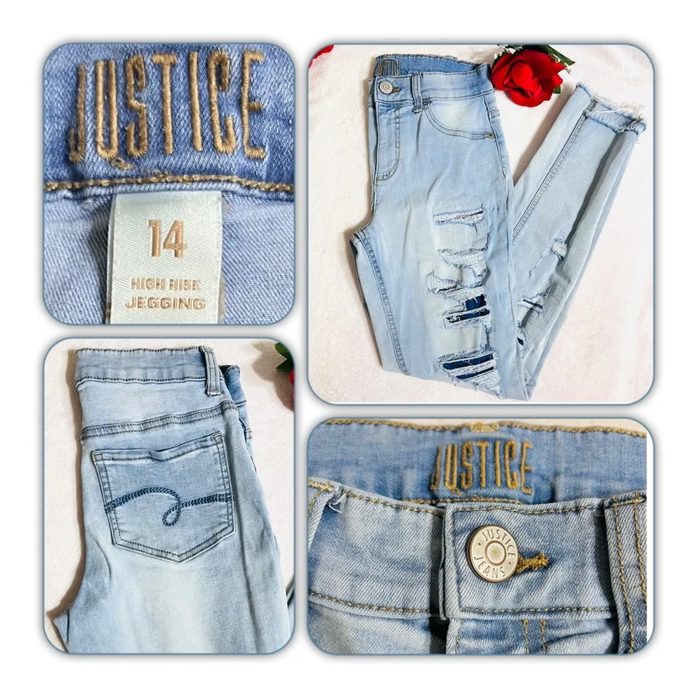 Justice Light Blue Wash High Rise Distressed Skinny Jeans/Jegging  Size 14 Girls